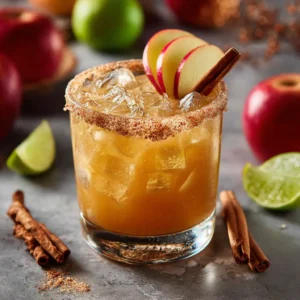 Apple Cider Margarita: The Ultimate Fall Cocktail 4 A close-up of a fall tequila cocktail in a glass with a cinnamon sugar rim, highlighting the crisp texture.