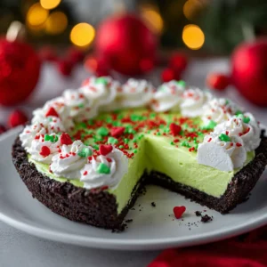 No Bake Grinch Pie (The Easiest Festive Treat!) 4 A whole no bake Grinch pie in a glass pie dish, showing its creamy green filling and dark chocolate crust before being sliced.
