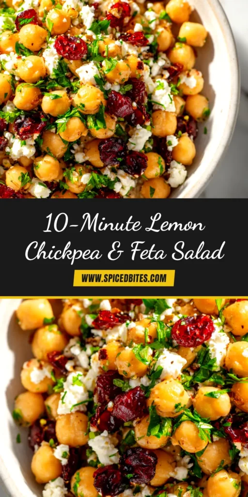 A close-up overhead shot of Feta & Cranberry Chickpea Salad in a white bowl. The salad is garnished with fresh parsley, ready to be served. This quick and easy recipe is perfect for a healthy lunch.