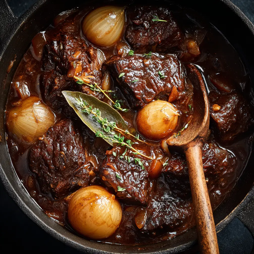 Beef Stifado: An Authentic Greek Stew Recipe 1 A close-up of the finished Beef Stifado, ready to be served. The tender beef chunks and caramelized pearl onions are clearly visible.