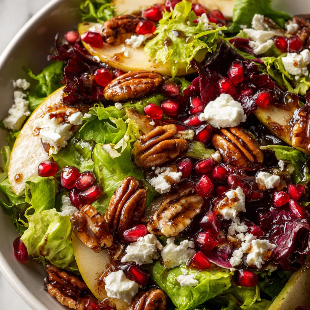 Pomegranate Pecan Salad with a Zesty Vinaigrette 1 A large serving bowl filled with the assembled Pomegranate Pecan Salad, glistening with a light coating of homemade vinaigrette dressing.