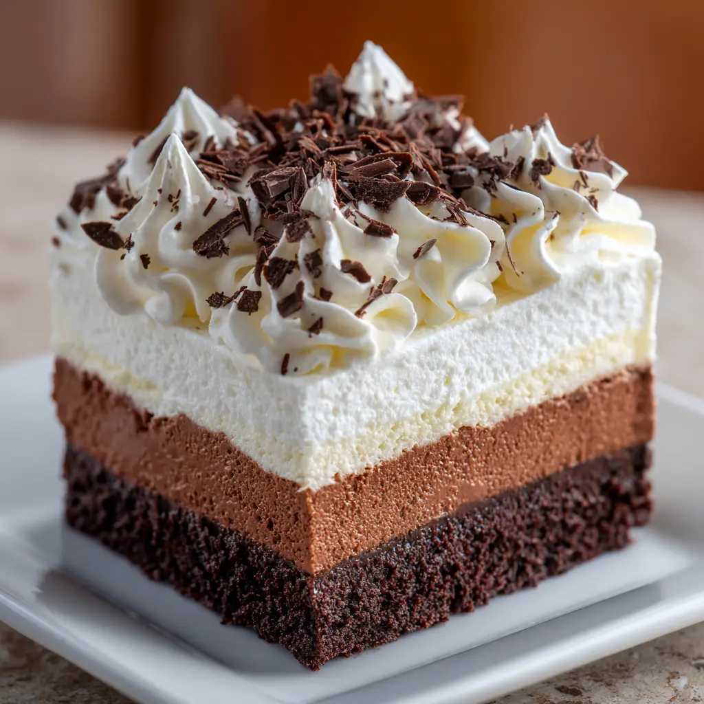 Triple Chocolate Mousse Cake: A Decadent Layered Dessert 1 The full triple chocolate mousse cake on a cake stand, decorated with chocolate shavings and ready to be served.