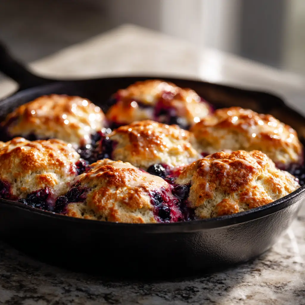 A close-up of a Blueberry Butter Swim Biscuit being broken open to reveal the soft, steamy interior. The focus is on the tender crumb of the biscuits baked in butter.