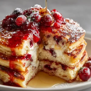 Cranberry Orange Ricotta Pancakes (The Ultimate Fluffy Recipe) 3 An extreme close-up of a fork cutting into a stack of fluffy ricotta pancakes, revealing the airy texture and fresh cranberries inside.