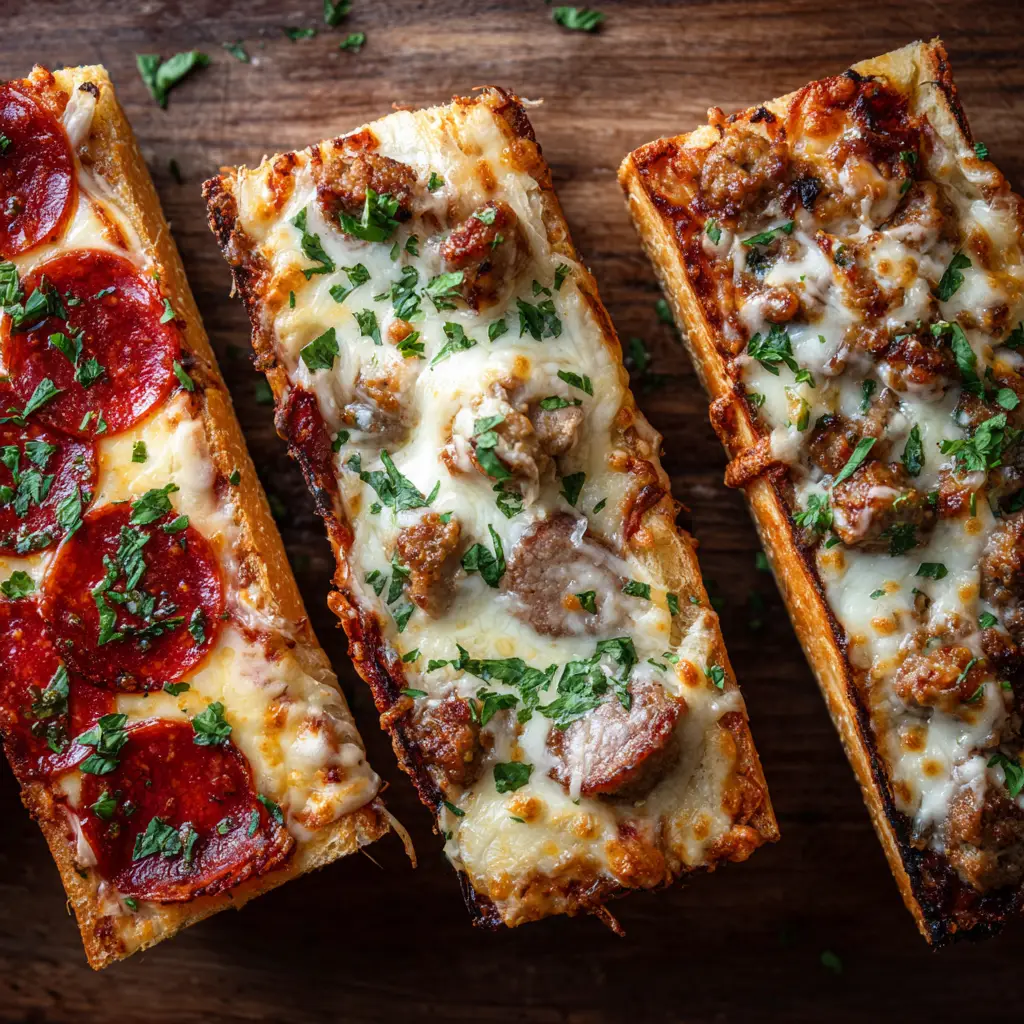 French Bread Pizza: The Ultimate Guide to a Crispy, Cheesy Classic 1 A detailed close-up of French bread pizza toppings, showing the melted mozzarella, savory pepperoni, and rich pizza sauce on a toasted bread base.