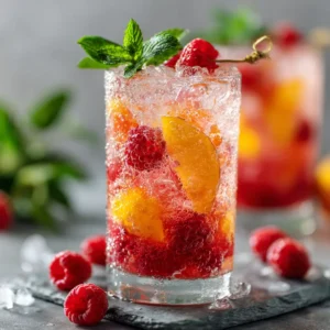 Raspberry Peach Lemonade: The Ultimate Thirst Quencher 4 A close-up of a glass of fresh fruit lemonade with raspberries and peaches, showcasing the vibrant color and texture of the drink.