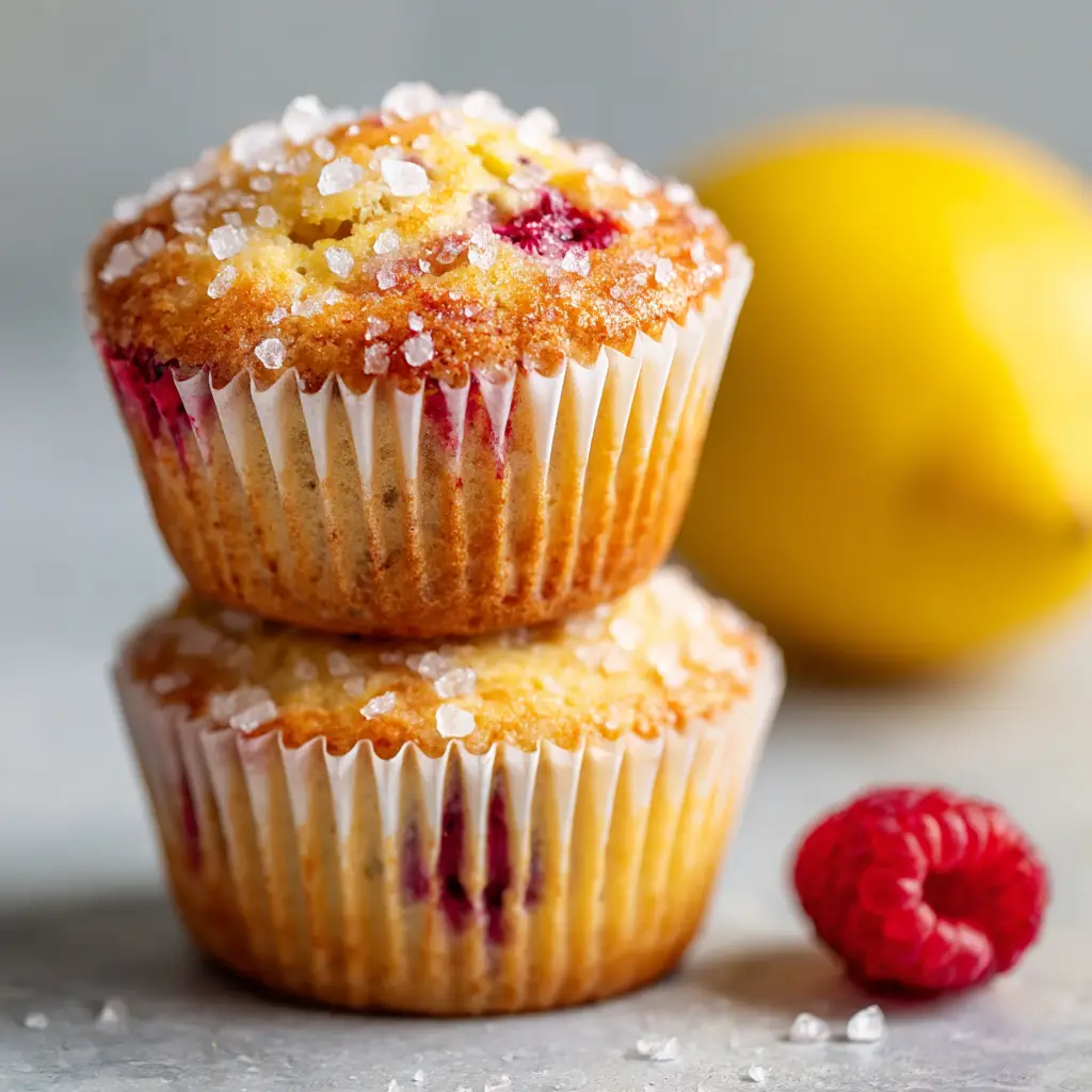 The Best Lemon Raspberry Muffins (Bakery-Style) 1 A tray of freshly baked lemon raspberry muffins cooling on a wire rack, showcasing their golden-brown, high-domed tops.