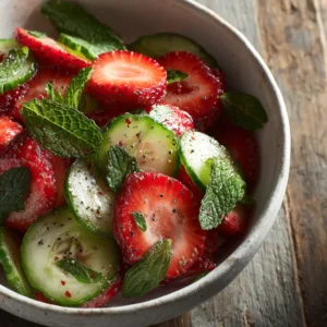Strawberry Cucumber Salad with Feta and Mint 4 A close-up shot showcasing the fresh ingredients for the strawberry and cucumber salad, including ripe strawberries and crisp cucumber slices.