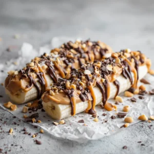 Frozen Banana Snickers (The Ultimate Healthy Treat) 4 A tray of freshly made Frozen Banana Snickers, coated in dark chocolate and topped with crunchy peanuts, ready to be served.