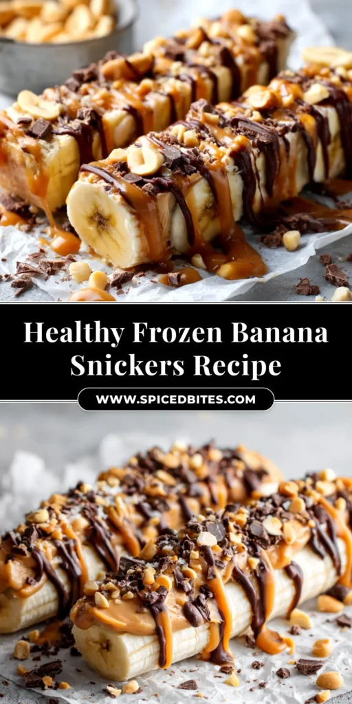 Frozen Banana Snickers (The Ultimate Healthy Treat) 3 A shareable pin image for the healthy Frozen Banana Snickers recipe, showing the finished bars on a plate with text overlay.