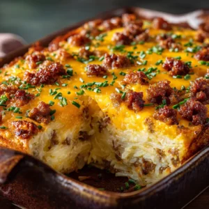 A full 9x13 inch sausage hashbrown breakfast casserole fresh out of the oven, with a golden cheesy topping.