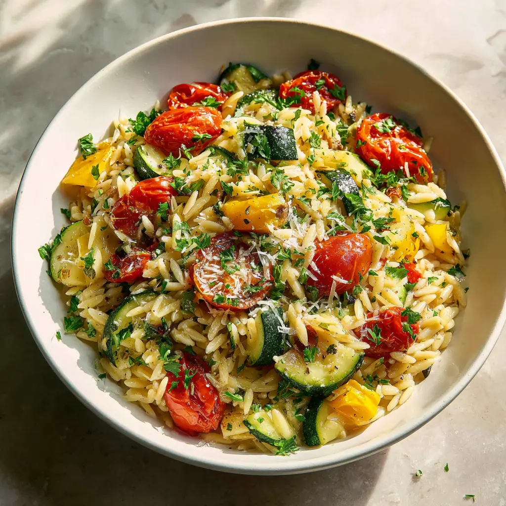 A serving of garlic butter orzo on a plate, highlighting the individual grains of pasta coated in a savory sauce.