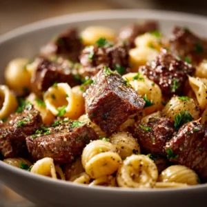 Garlic Butter Steak Bites: The Ultimate 15-Minute Recipe 4 A white bowl filled with garlic butter steak bites served over shell pasta, garnished with parsley. A fork is resting on the side of the bowl.