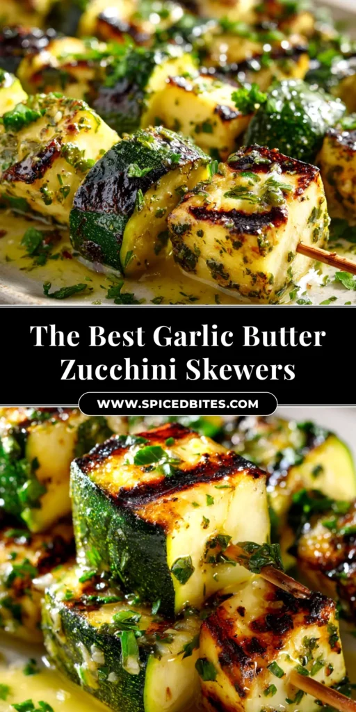 A close-up shot of perfectly grilled Garlic Butter Zucchini Skewers on a white plate, garnished with fresh parsley. The skewers are golden brown with distinct grill marks.