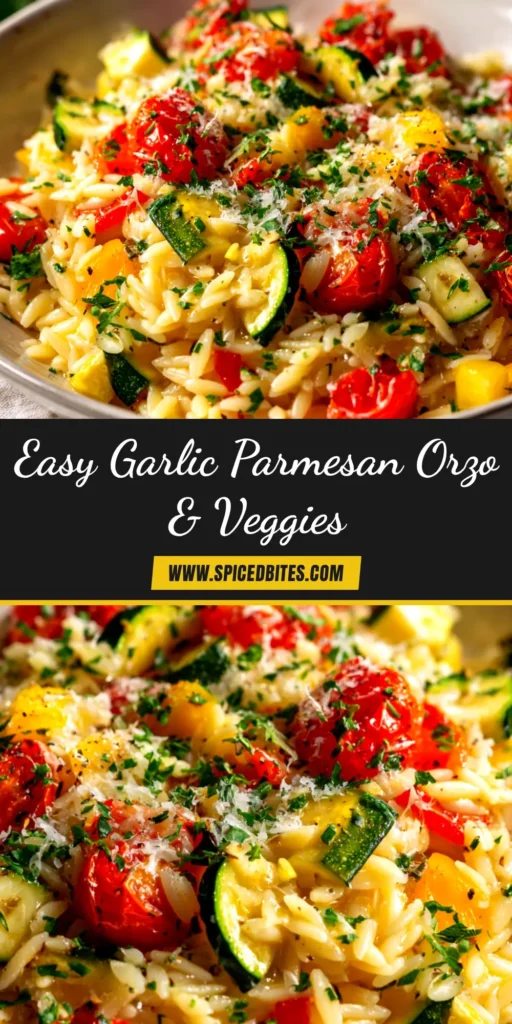 A top-down view of creamy Garlic Parmesan Orzo in a white bowl, garnished with fresh parsley. This easy one-pan recipe is perfect for a quick side dish.