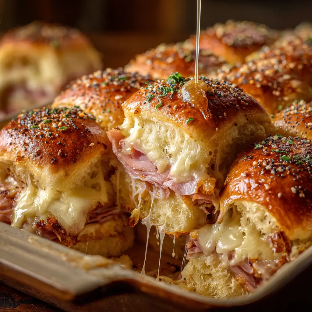 Ham and Cheese Sliders: The Only Recipe You Need 1 The savory butter and poppy seed glaze being brushed over the top of the assembled ham and cheese sliders before baking.