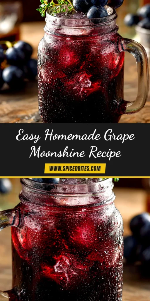 Grape Moonshine Recipe: The Ultimate Beginner's Guide 3 A mason jar filled with clear grape moonshine, garnished with fresh grapes and displayed against a rustic wooden background. This image showcases the final product of our homemade grape moonshine recipe.
