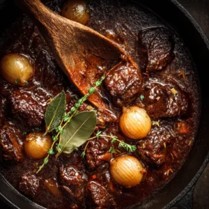 Beef Stifado: An Authentic Greek Stew Recipe 4 An overhead shot of a rustic pot filled with simmering Greek beef stew, showcasing key ingredients like beef, onions, and tomatoes.