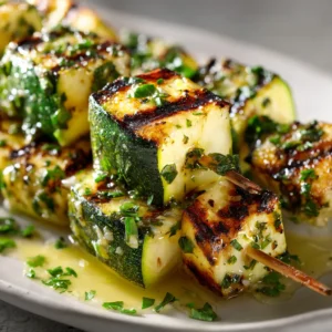 A detailed close-up of grilled zucchini skewers showing the tender texture and caramelized garlic butter glaze.