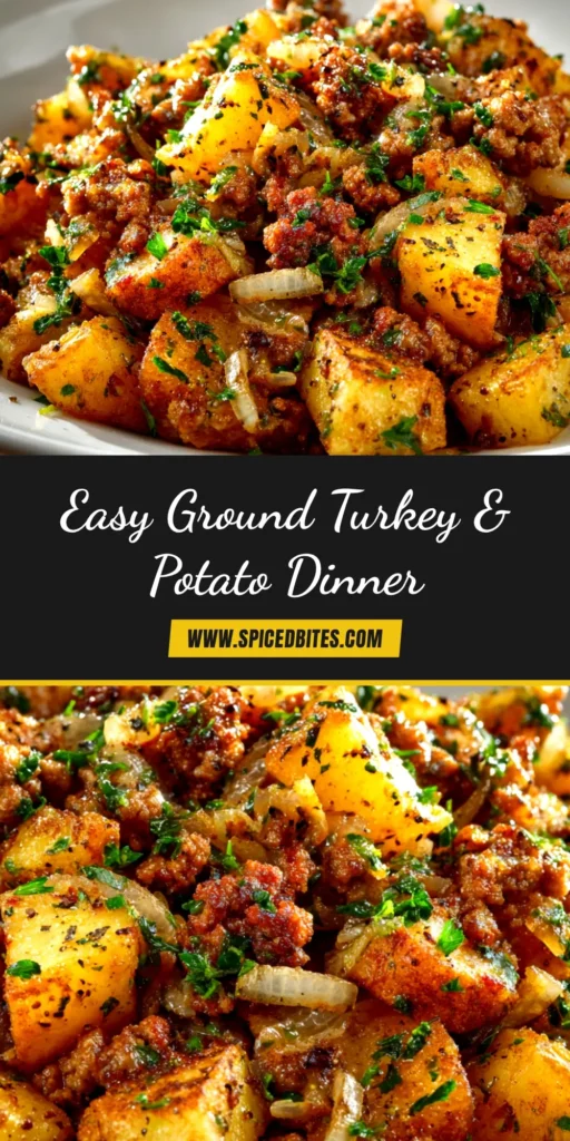 Ground Turkey and Potato Recipes: 25-Minute Skillet Dinner 3 An overhead shot of a savory ground turkey and potato recipe in a cast iron skillet, garnished with fresh herbs. A perfect one-pan weeknight dinner.