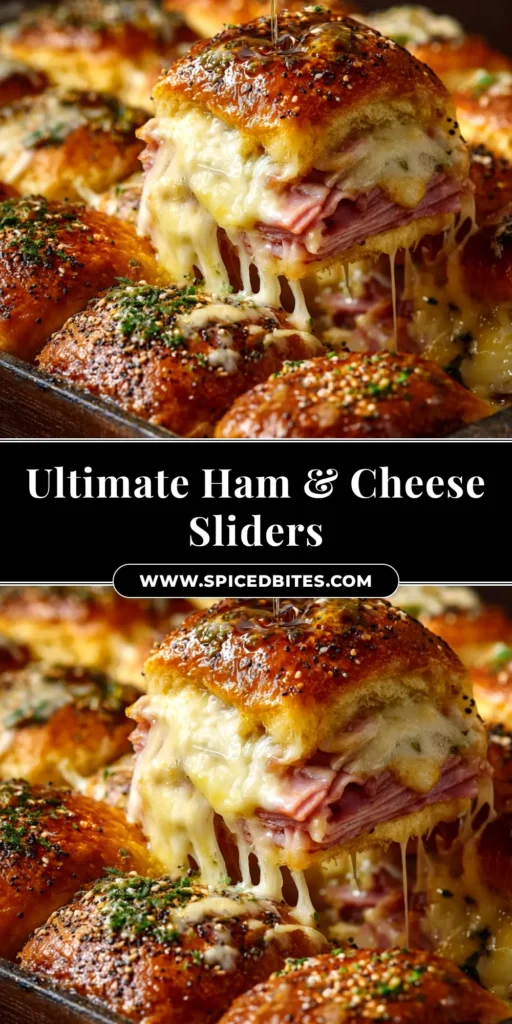 Ham and Cheese Sliders: The Only Recipe You Need 3 Golden baked Ham and Cheese Sliders on Hawaiian rolls with a savory poppy seed butter glaze, arranged in a baking dish. The perfect easy party food recipe! | spiced_bites