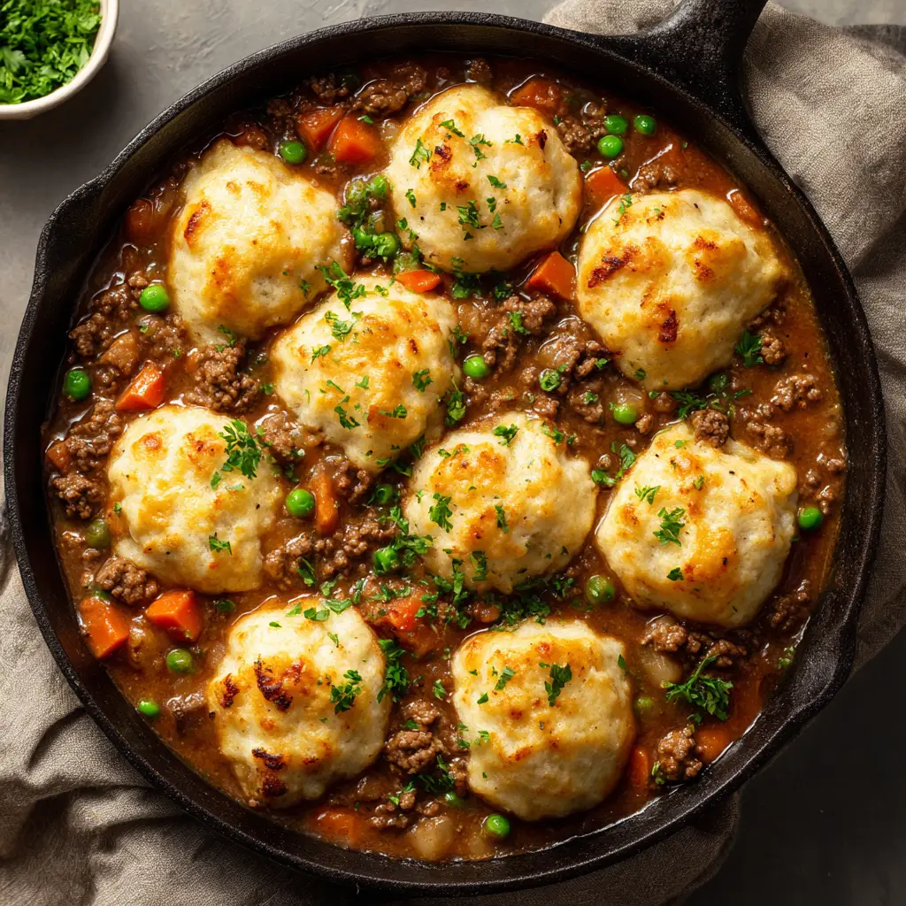 Ground Beef and Dumplings: A Cozy, One-Pot Comfort Meal 1 A close-up scoop of the rich hamburger and dumpling stew on a wooden spoon, showcasing the texture of the meat, vegetables, and a piece of dumpling.