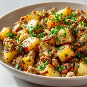 Ground Turkey and Potato Recipes: 25-Minute Skillet Dinner 4 A close-up view of a healthy ground turkey and potato hash being cooked in a skillet, showcasing the browned turkey and tender potatoes.