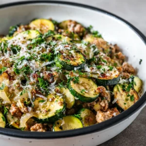 Ground Turkey and Zucchini Skillet (Quick & Healthy!) 4 An extreme close-up of the healthy ground turkey and zucchini skillet, showing the texture of the cooked turkey and tender zucchini.