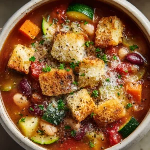 Olive Garden Minestrone Soup (Copycat Recipe) 4 An overhead close-up shot of a rustic white bowl of healthy minestrone soup, showing the variety of vegetables and beans in a rich tomato broth.