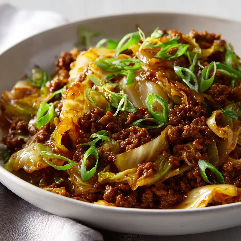 Low-Carb Mongolian Ground Beef (Ready in 20 Minutes!) 1 A final plated dish of healthy Mongolian ground beef served over cauliflower rice, garnished with fresh green onions.