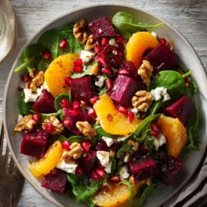 Beet Salad Recipe with Goat Cheese & Balsamic Vinaigrette 4 A close-up view of a healthy beet salad, showcasing the jewel-toned roasted beets, crumbled goat cheese, and fresh greens.