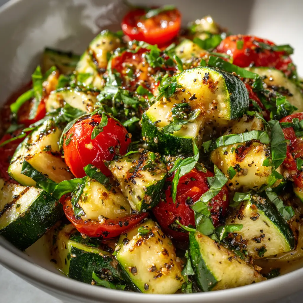 Summer Zucchini Salad (Fresh, Fast & Easy) 1 A large serving bowl filled with the finished summer zucchini salad, tossed with a zesty lemon vinaigrette and ready to serve.