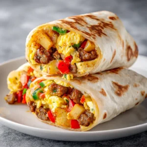 Two hearty breakfast burritos stacked on a plate, showing a golden-brown tortilla exterior.