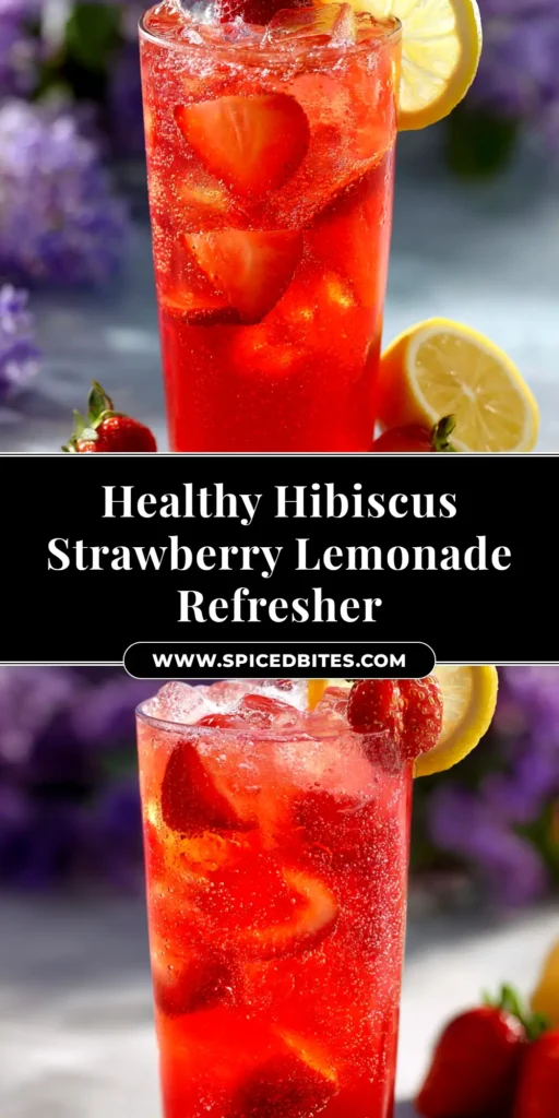 Hibiscus Strawberry Lemonade: A Refreshing Summer Drink 3 A tall glass of vibrant red Hibiscus Strawberry Lemonade, garnished with a lemon wheel and fresh strawberry, shown with a pitcher in the background.