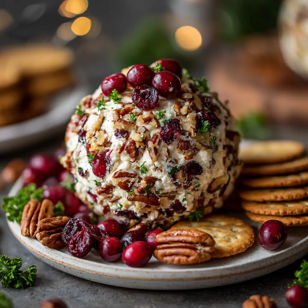 A holiday cheese ball appetizer being served with crackers on a wooden board. The cheese ball is covered in cranberries and pecans.