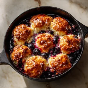 Warm golden brown rustic drop biscuits studded with blueberries, fresh from the oven. This shows the delicious texture of the homemade blueberry biscuits.