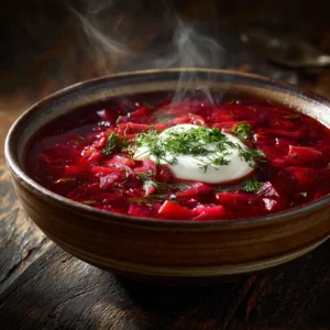 Borscht Recipe (Classic Ukrainian Beet Soup) 4 A rustic wooden table with a large bowl of homemade borscht, showcasing the rich colors of the beet soup and fresh vegetables.