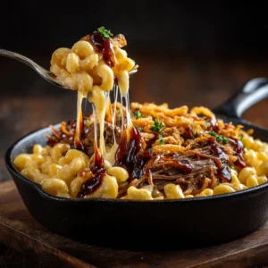 Brisket Mac and Cheese: The Ultimate Comfort Food Mashup 3 A cast iron skillet filled with homemade brisket mac and cheese, showing off the creamy cheese sauce and chunks of brisket.