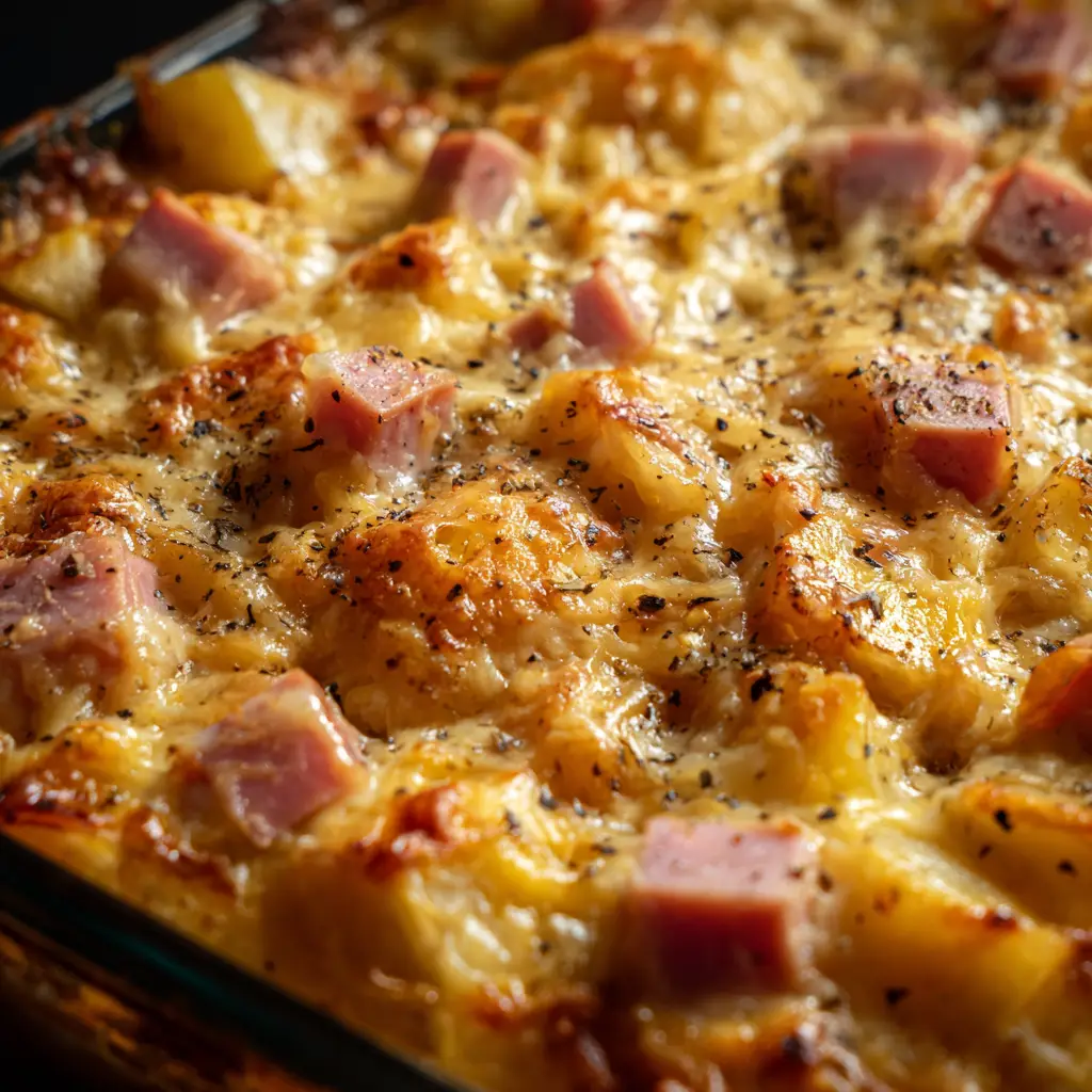 The process of making the homemade cheese sauce for the potato casserole, with melted cheese being stirred into the creamy base in a saucepan.