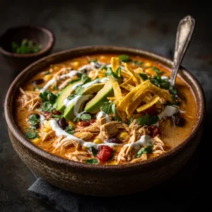 Creamy Chicken Tortilla Soup (The Easiest Recipe!) 3 An extreme close-up of a rustic stoneware bowl filled with homemade chicken tortilla soup, highlighting the creamy texture and shredded chicken.