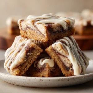 Cinnamon Roll Bars: The Ultimate Gooey & Easy Recipe 4 A stack of homemade cinnamon roll cookie bars on a white plate, showing the soft texture and thick frosting.