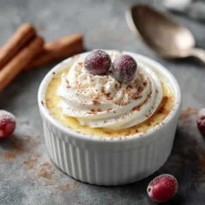 Eggnog Pudding: The Ultimate Creamy Holiday Dessert 4 A close-up shot of homemade eggnog pudding in a white fluted bowl, showing its thick and creamy texture, garnished with fresh nutmeg.