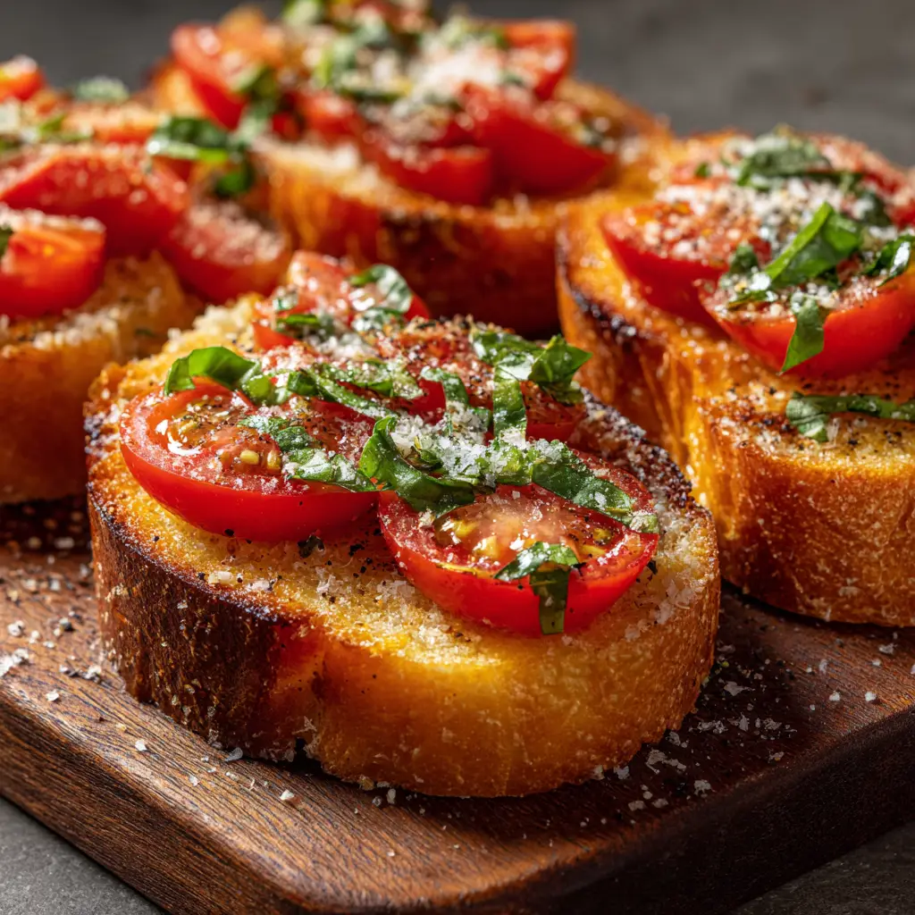 Tomato Basil Garlic Bread: The Ultimate Cheesy Appetizer 1 Slices of homemade garlic bread with tomato and basil arranged on a serving platter, ready to be enjoyed as an appetizer.