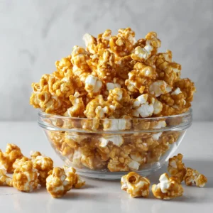 Marshmallow Caramel Popcorn: The Ultimate Gooey & Chewy Treat 4 A close-up shot of homemade gooey caramel corn being mixed in a large bowl, showing the melted marshmallow sauce coating the popcorn.