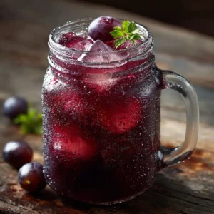Grape Moonshine Recipe: The Ultimate Beginner's Guide 4 A close-up of a glass of freshly made grape moonshine, with light refracting through the clear liquid and ripe grapes in the background. Illustrates the homemade grape brandy process.