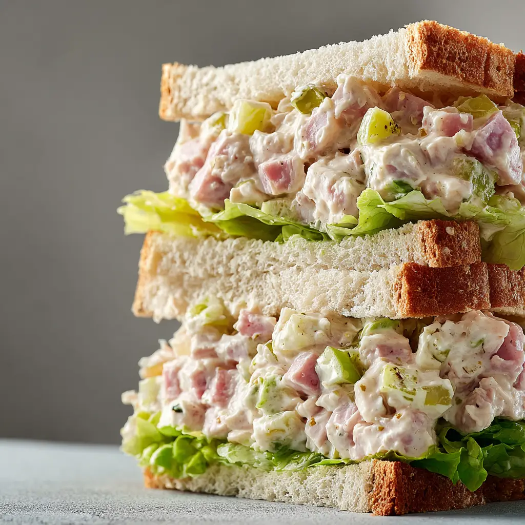 Ham Salad Recipe (The Only One You'll Ever Need) 1 A ham salad sandwich cut in half, revealing the generous filling of savory ham salad with bits of celery and onion.