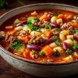 Olive Garden Pasta e Fagioli Soup (Easy Copycat Recipe) 3 A close-up shot of homemade pasta e fagioli soup in a rustic bowl, showing the detailed texture of the ground beef, beans, and ditalini pasta.