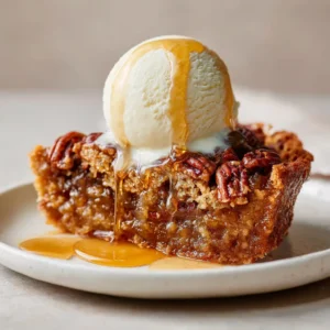 Pecan Pie Cobbler: The Easiest, Gooiest Dessert You'll Ever Make 4 An extreme close-up of a warm, gooey slice of homemade pecan cobbler on a plate, with the rich caramel filling bubbling.
