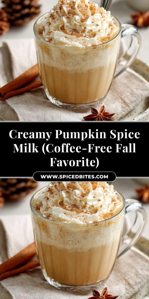 Pumpkin Spice Milk: Your Cozy 10-Minute Autumn Drink 3 A tall glass mug filled with creamy Pumpkin Spice Milk, topped with whipped cream and a sprinkle of cinnamon, set against a cozy autumn background.