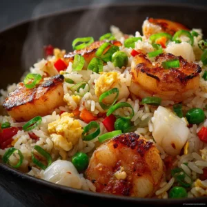 Seafood Fried Rice (The Ultimate Foolproof Recipe) 4 An extreme close-up shot of homemade seafood fried rice in a bowl, showing the texture of the rice, shrimp, and vegetables.